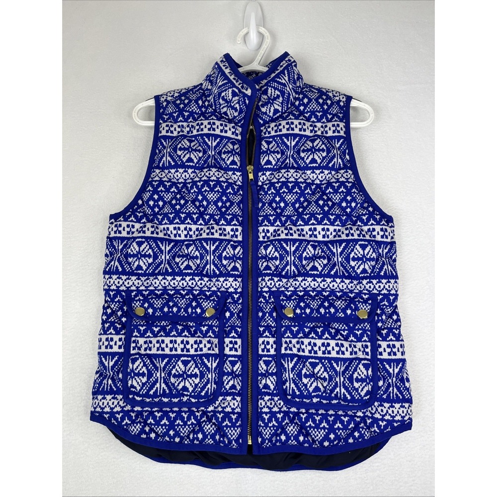 J. CREW Excursion Fair Isle Blue Quilted Down Fill Zip Puffer Vest Size Small